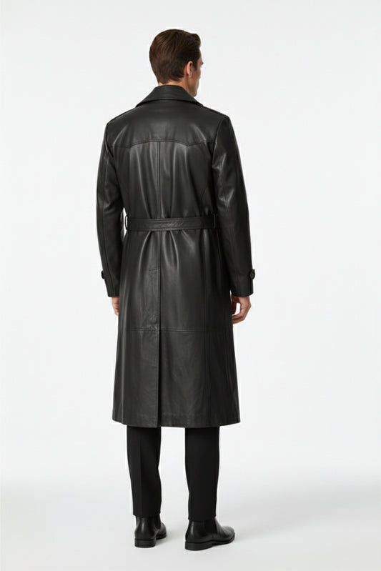 Black Genuine Leather Men's Long Trench Coat