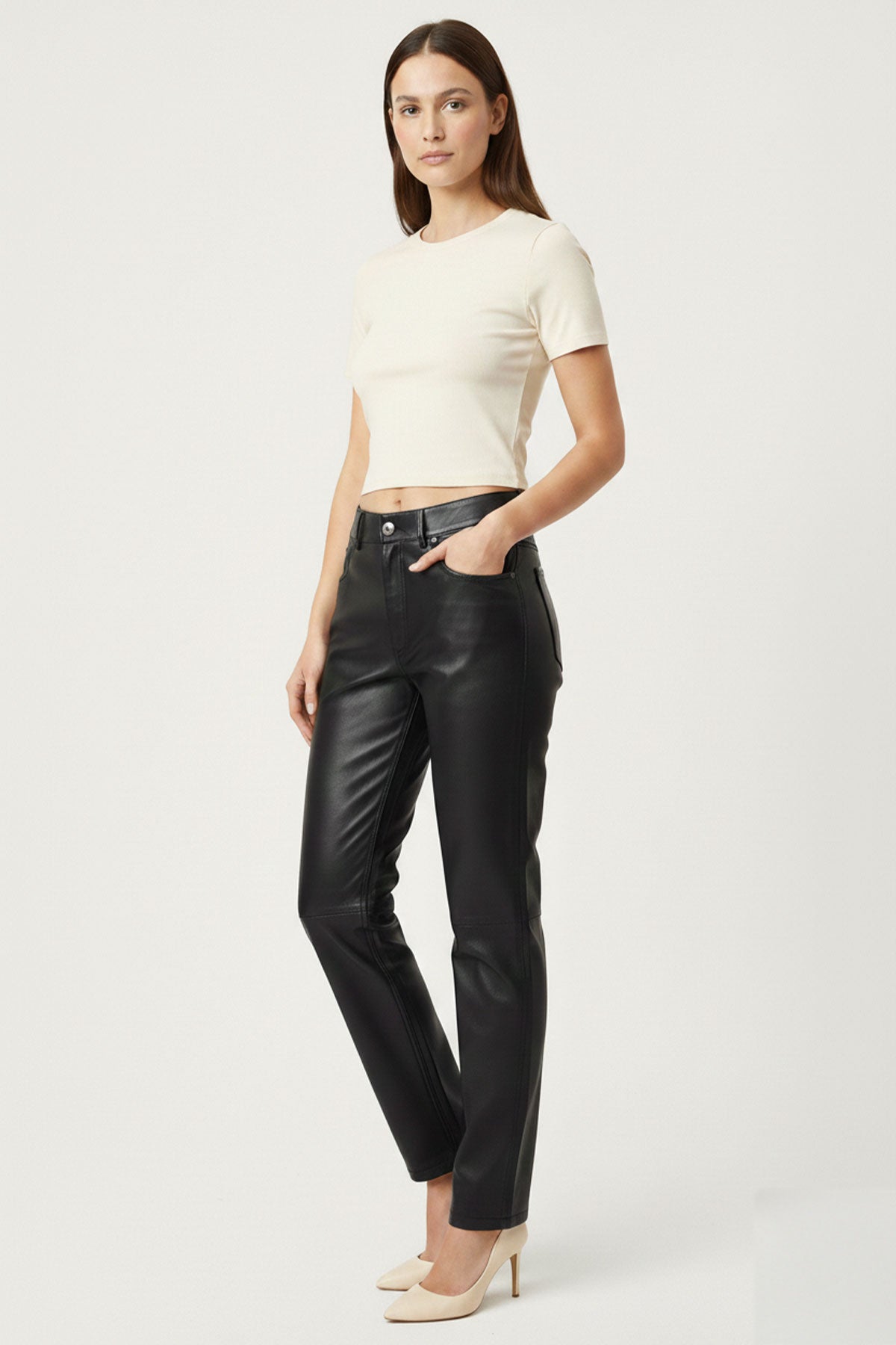 Black Lora Regular Waist Straight Leg Women's Genuine Leather Trousers