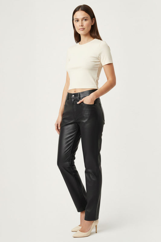 Black Lora Regular Waist Straight Leg Women's Genuine Leather Trousers