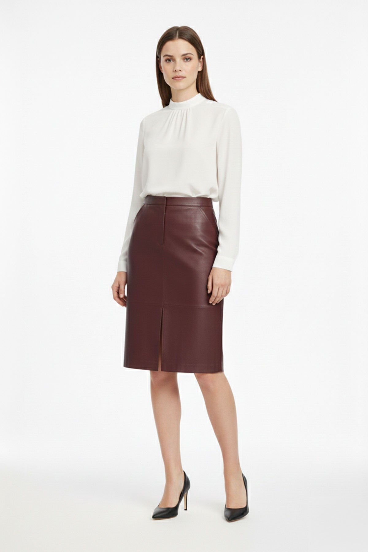 Classic Burgundy Leather Skirt with Slit