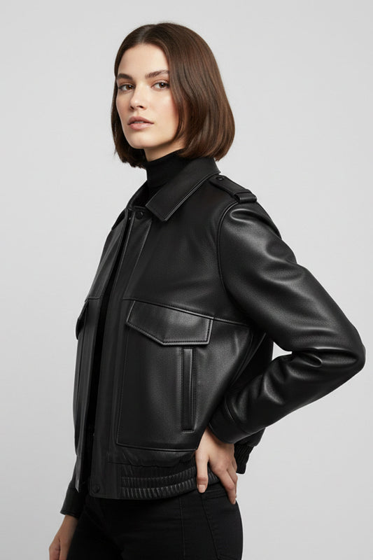 Black Women’s Genuine Leather Bomber Jacket