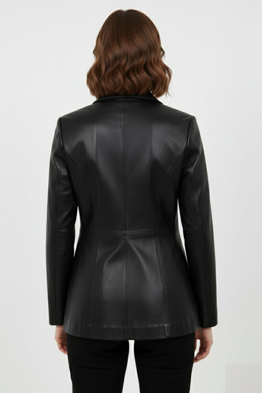 Women's Black Genuine Leather Blazer Jacket