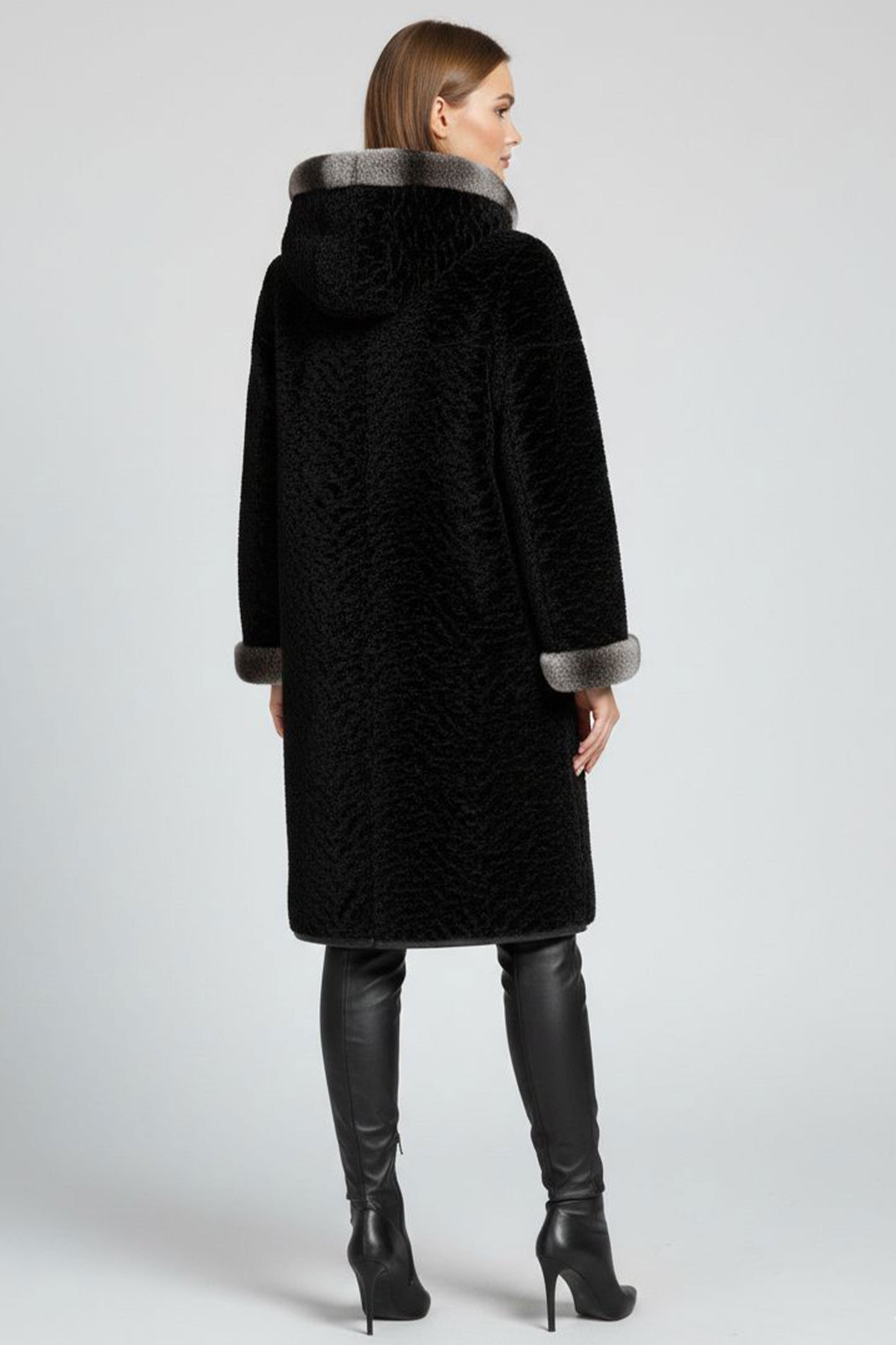 Black Wide Cut Inner Fabric Double-sided Hoodie and Sleeve brim Fur Women's Genuine Leather Coat