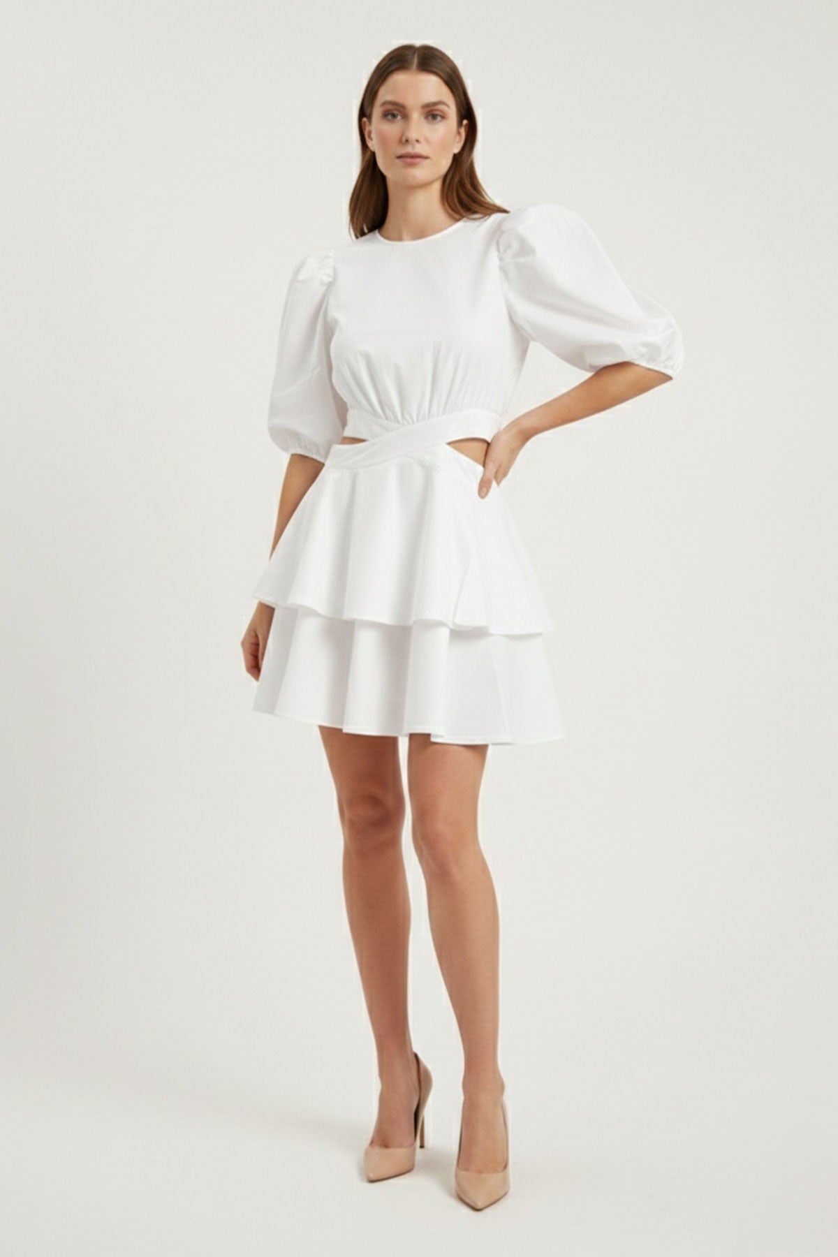 White Mini Dress Waistline and Ruffled Trim
