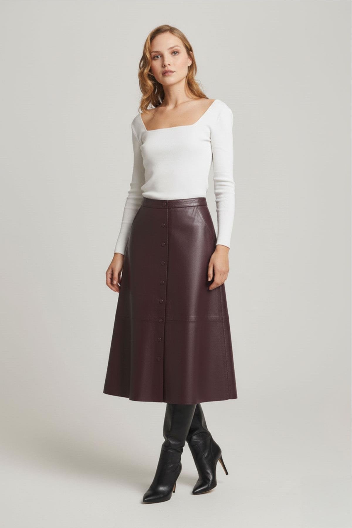 Burgundy Clara Women's Flared Genuine Leather Skirt