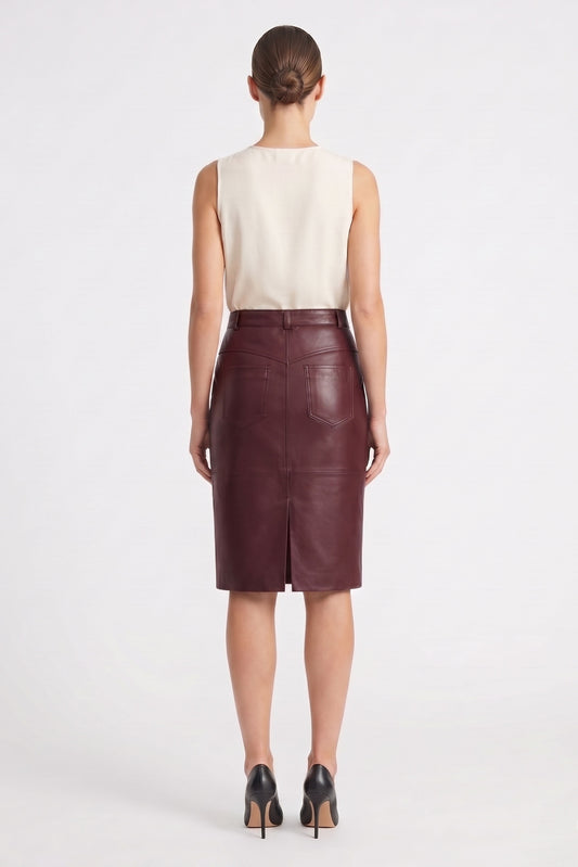 Burgundy Mita Midi Genuine Leather Women's Skirt