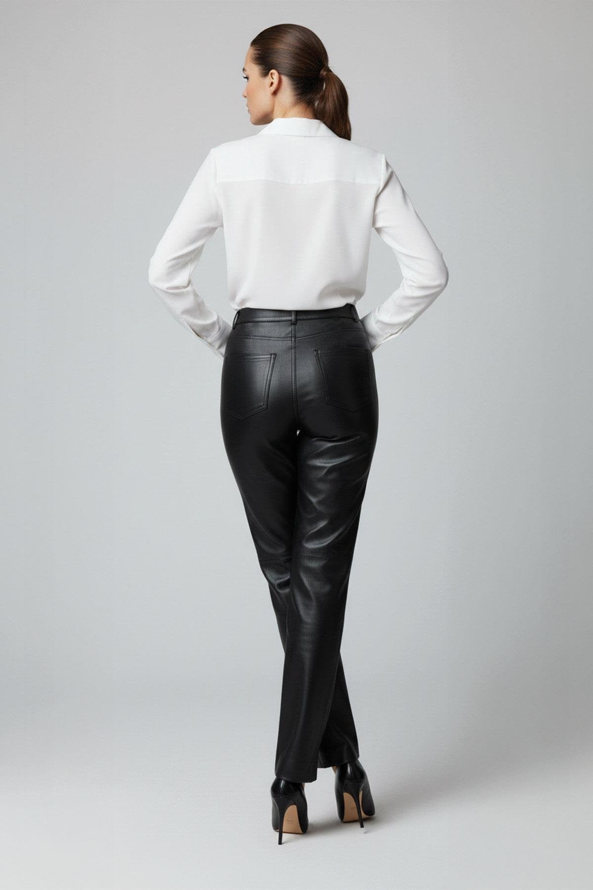 Black Lora Regular Waist Straight Leg Women's Genuine Leather Trousers
