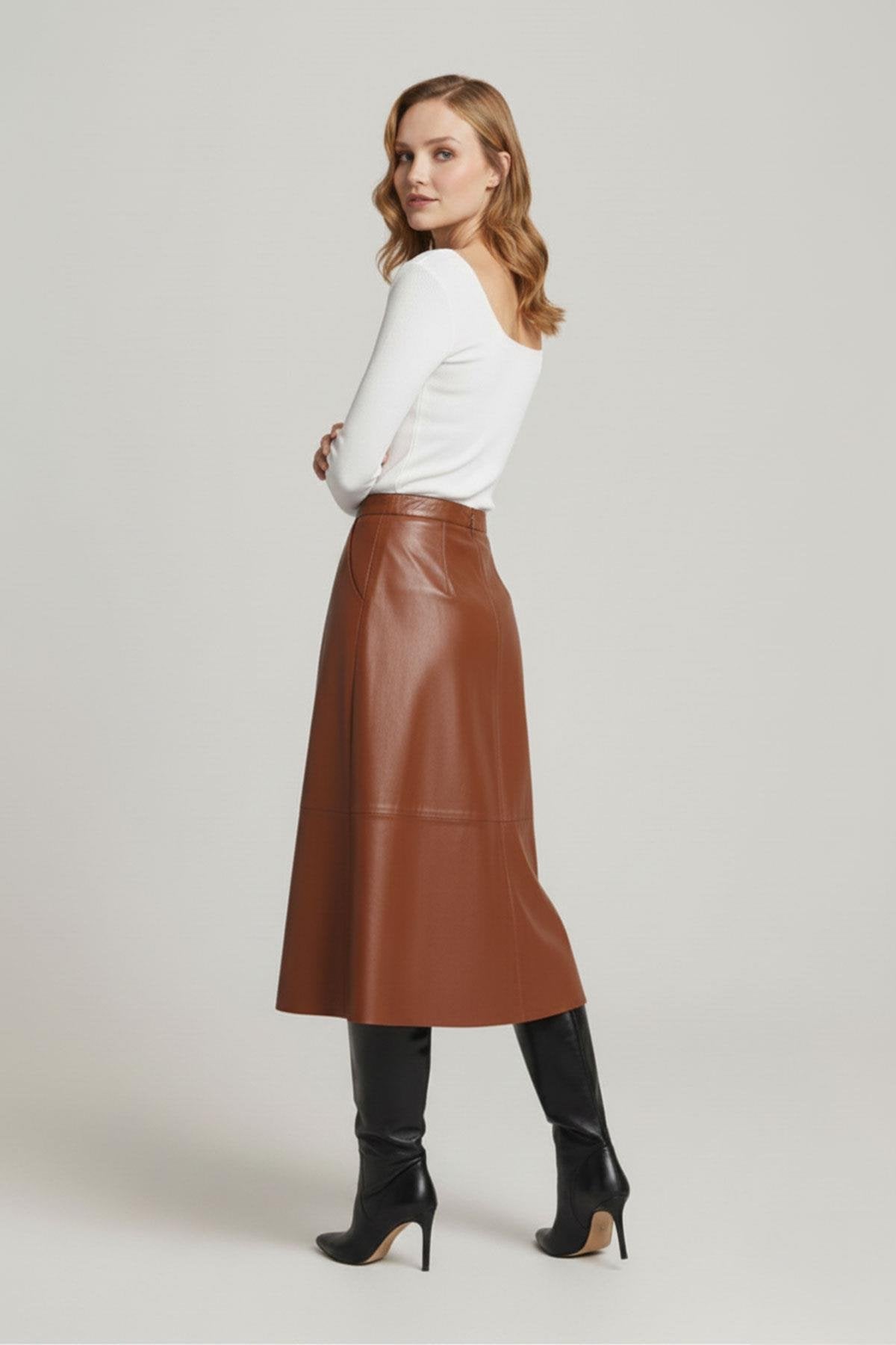 Cognac Clara Women's Flared Genuine Leather Skirt