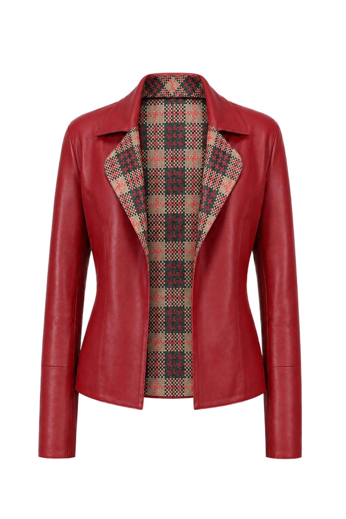 Liora Women's Plaid Red Reversible Genuine Leather Blazer Jacket