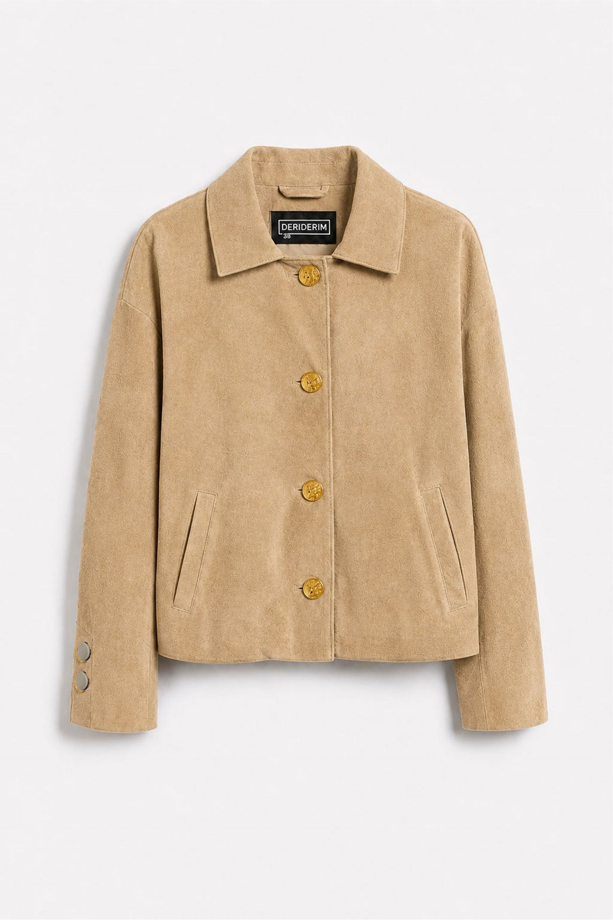 Beige Suede Women's Genuine Leather Classic Collar Button-Up Jacket