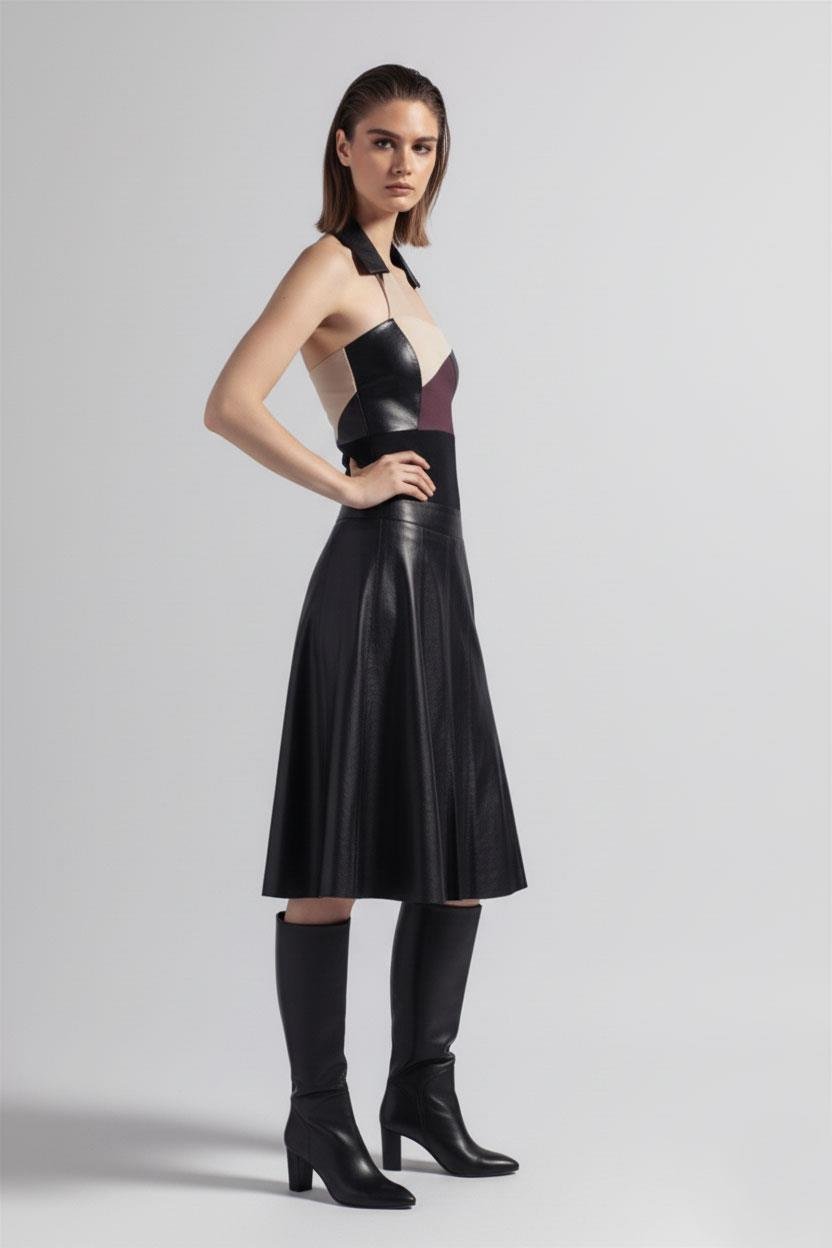 Black Women's Baggy Cut Genuine Leather Skirt