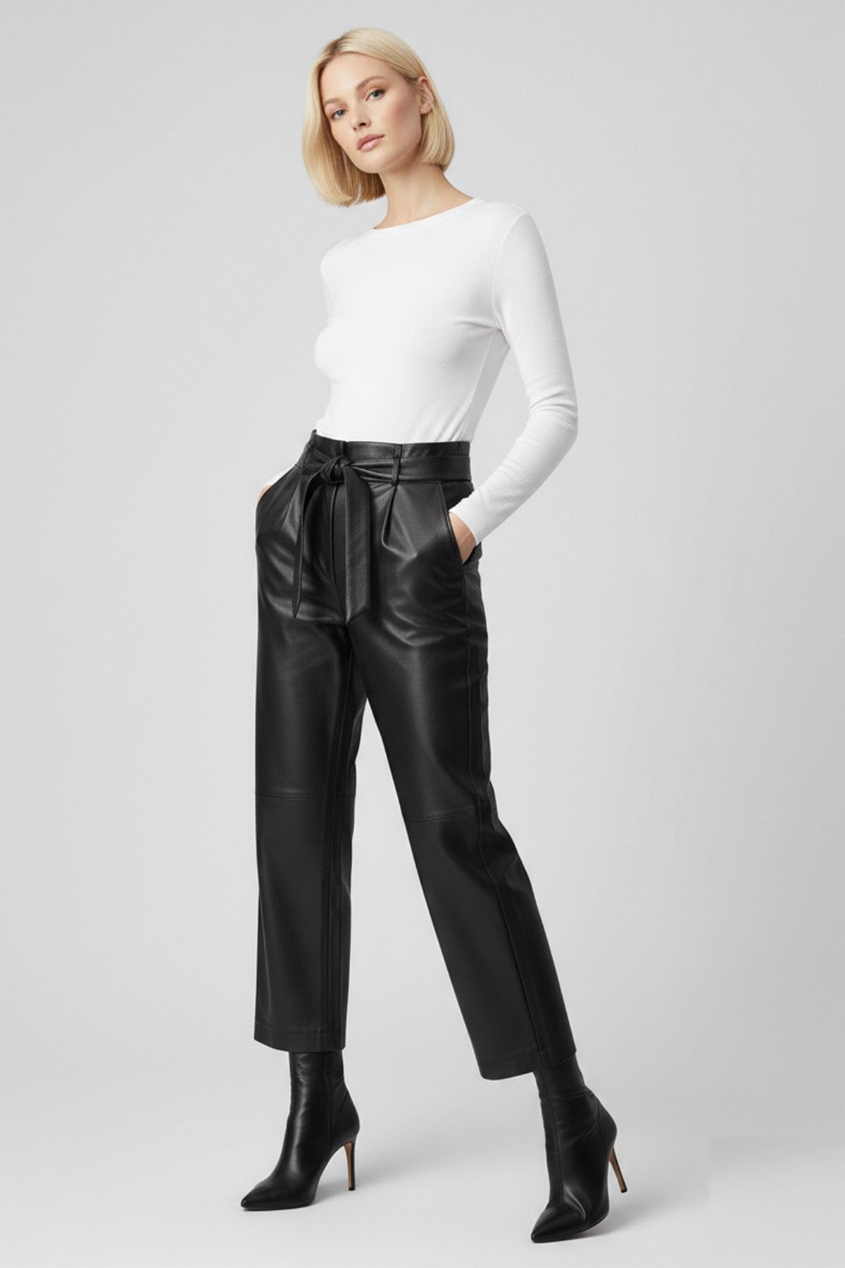 Black Women's Carrot Cut Belted Lined Genuine Leather Pants with Front Pockets