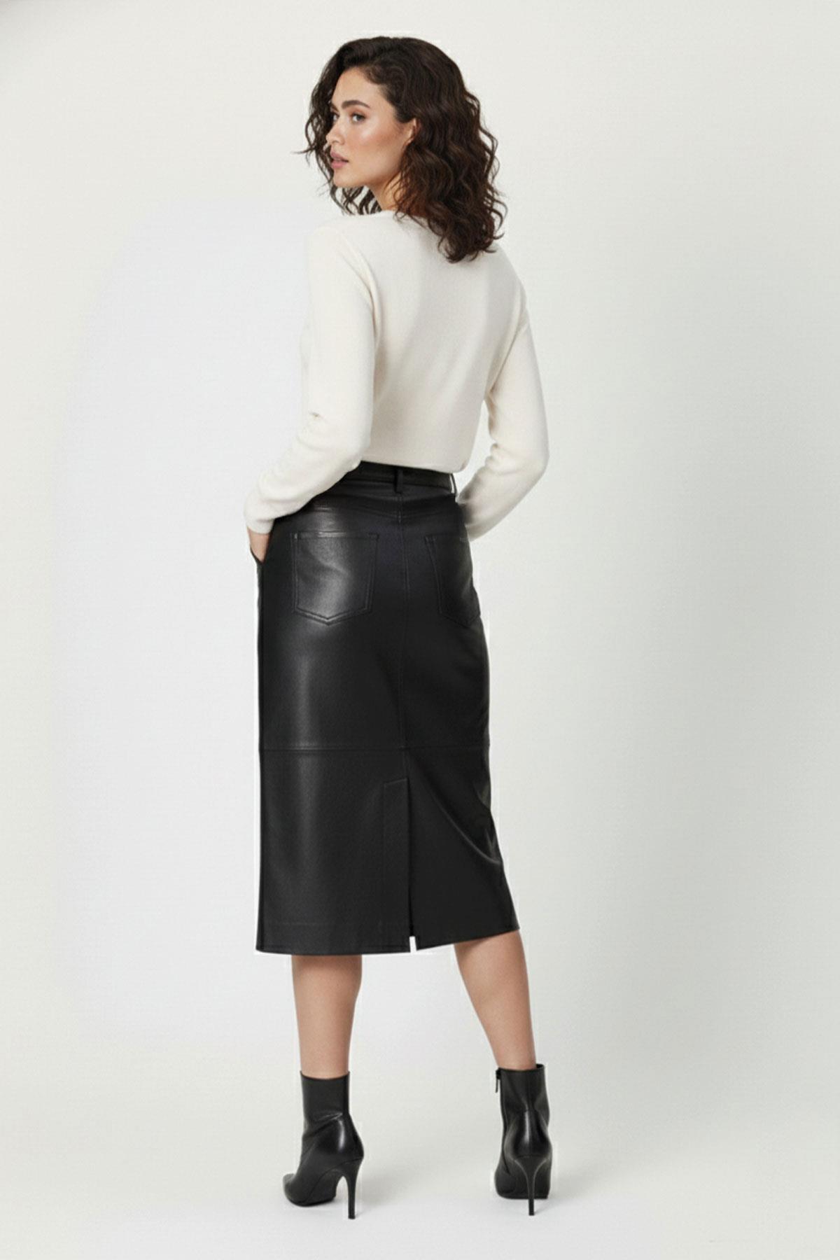 Black Mita Midi Genuine Leather Women's Skirt