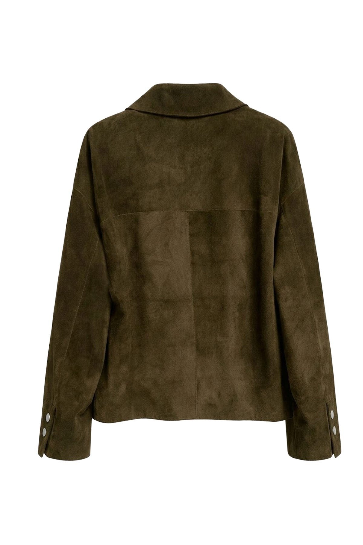 Green Suede Women's Genuine Leather Classic Collar Button-Up Jacket
