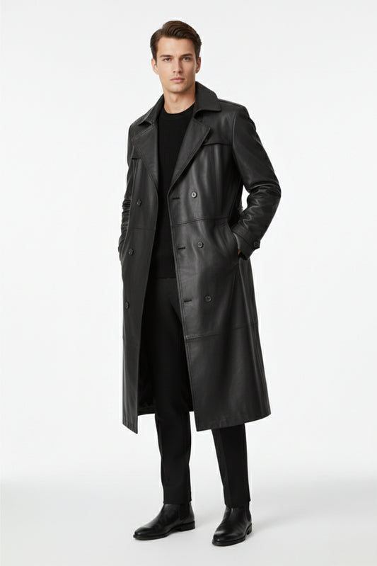 Black Genuine Leather Men's Long Trench Coat