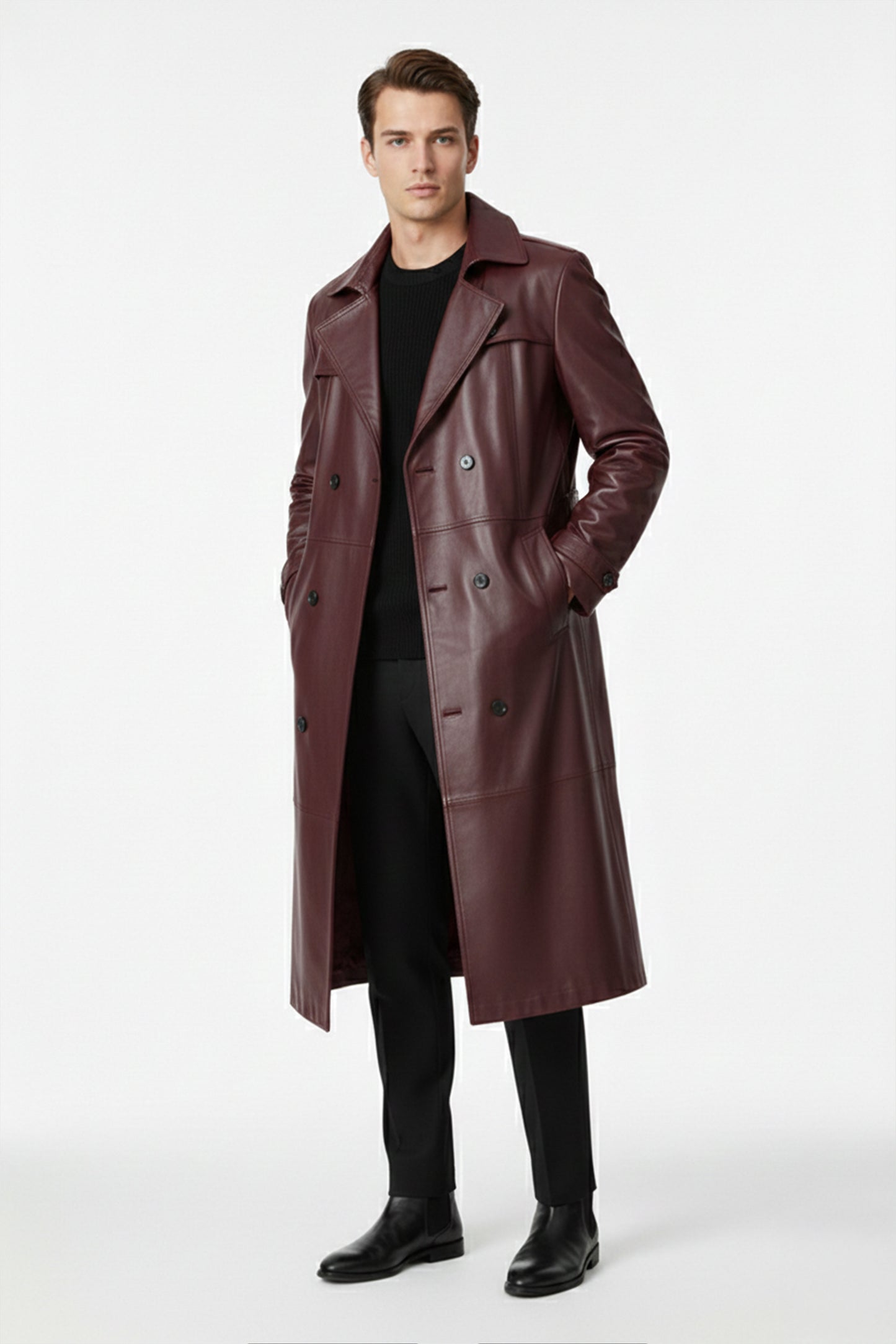 Burgundy Genuine Leather Men's Long Trench Coat