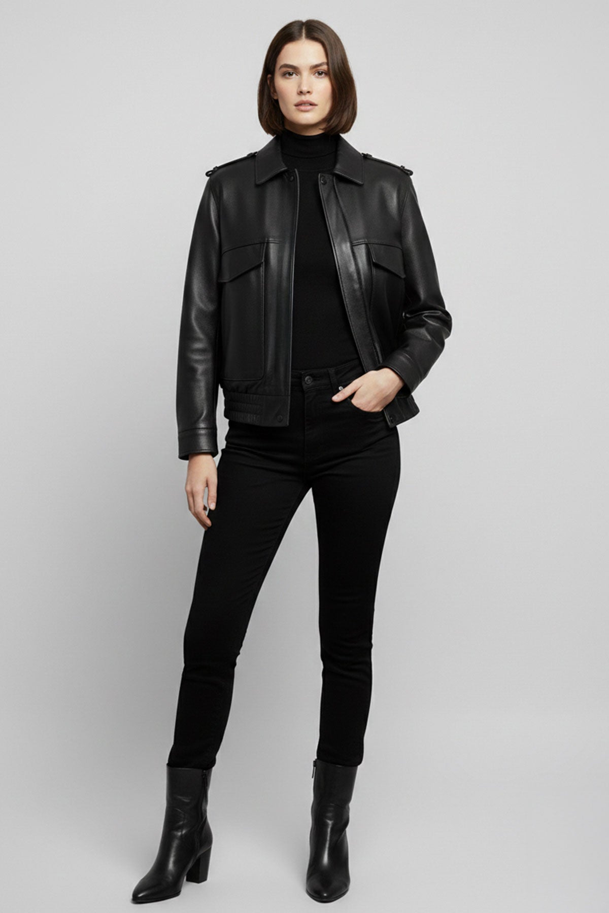 Black Women’s Genuine Leather Bomber Jacket