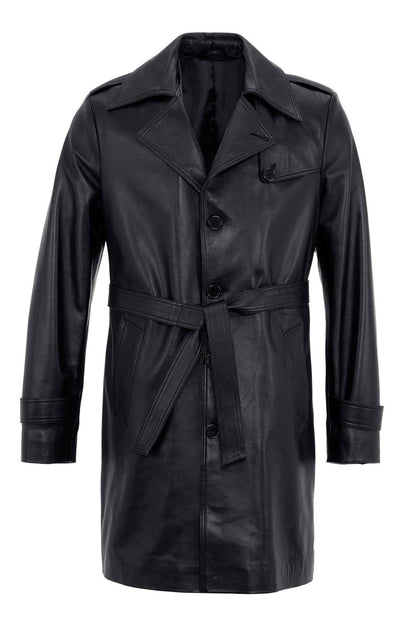 Men's Black Axel Genuine Leather Long Jacket with Lining and Slits