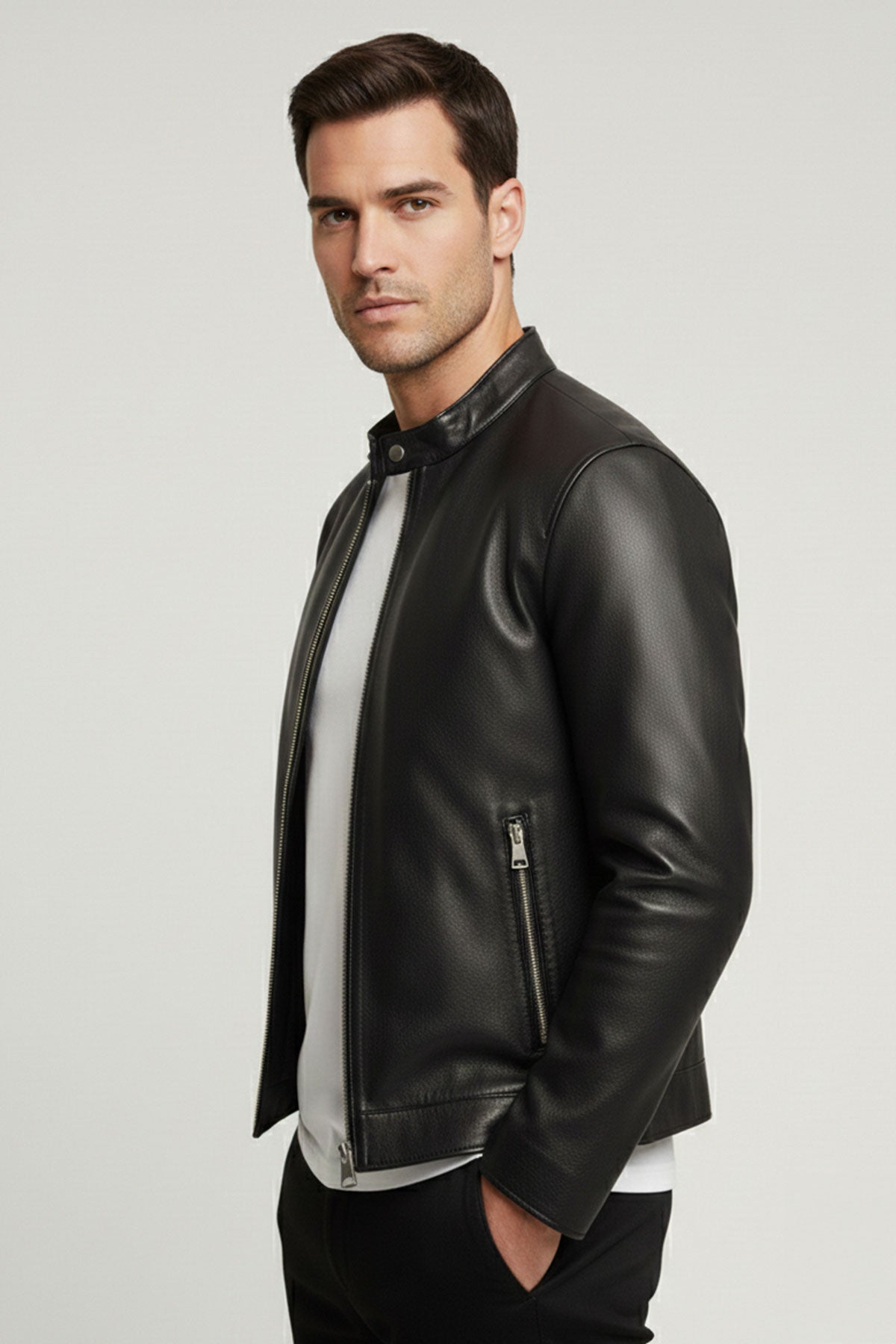 Black Stand Collar Genuine Leather Men’s Jacket