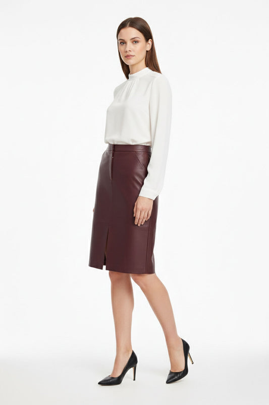 Classic Burgundy Leather Skirt with Slit