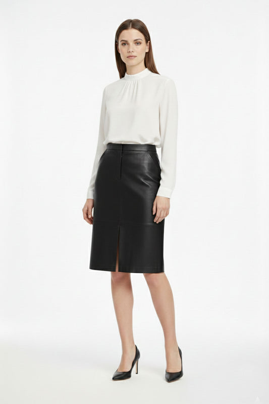Classic Black Leather Skirt with Slit