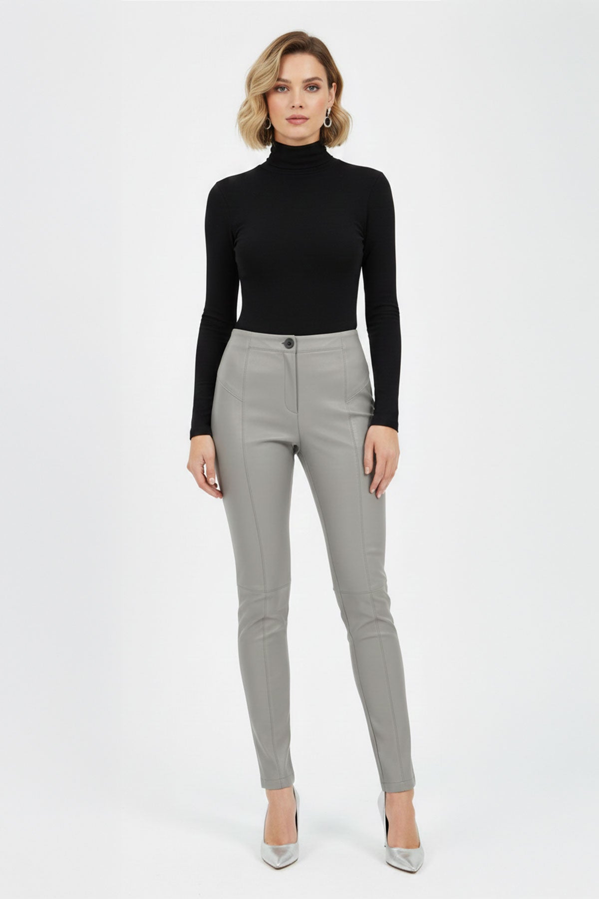 Grey Women's Leggings, Unlined, Front Zipper and Button Closure, Pocketless, Slim Fit, Genuine Stretch Leather Pants