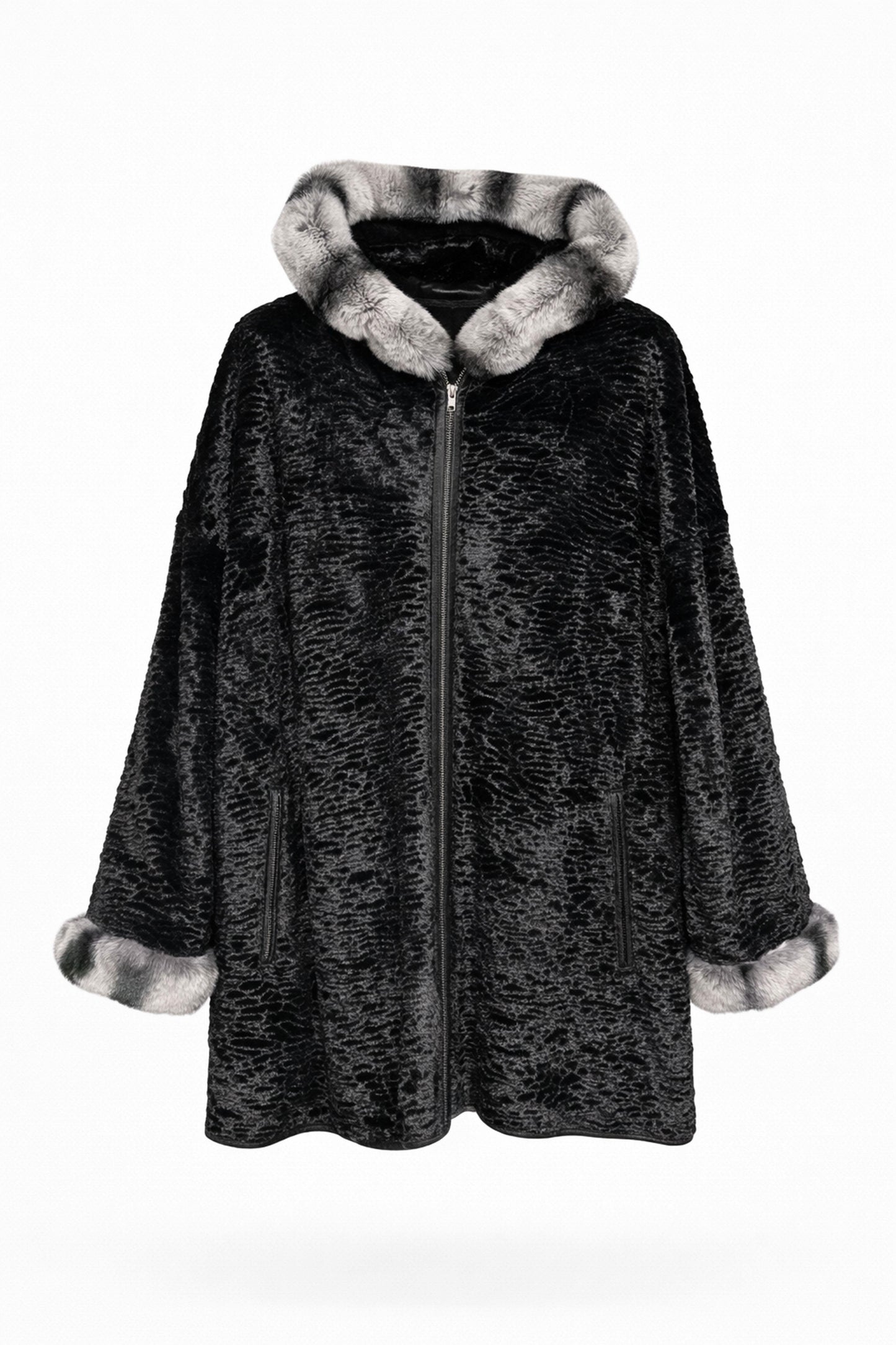 Black Wide Cut Inner Fabric Double-sided Hoodie and Sleeve brim Fur Women's Genuine Leather Coat