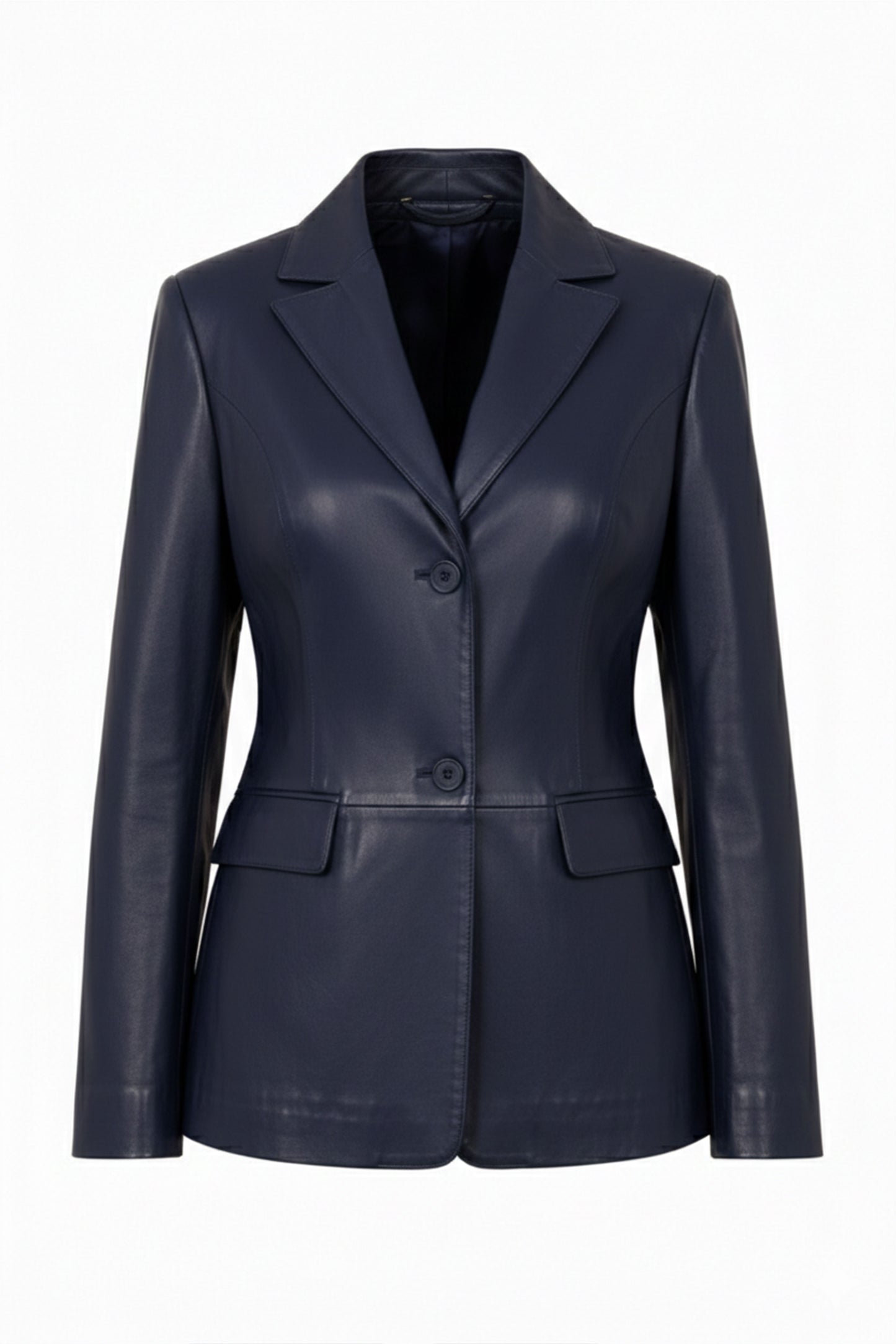 Women's Navy Blue Genuine Leather Blazer Jacket