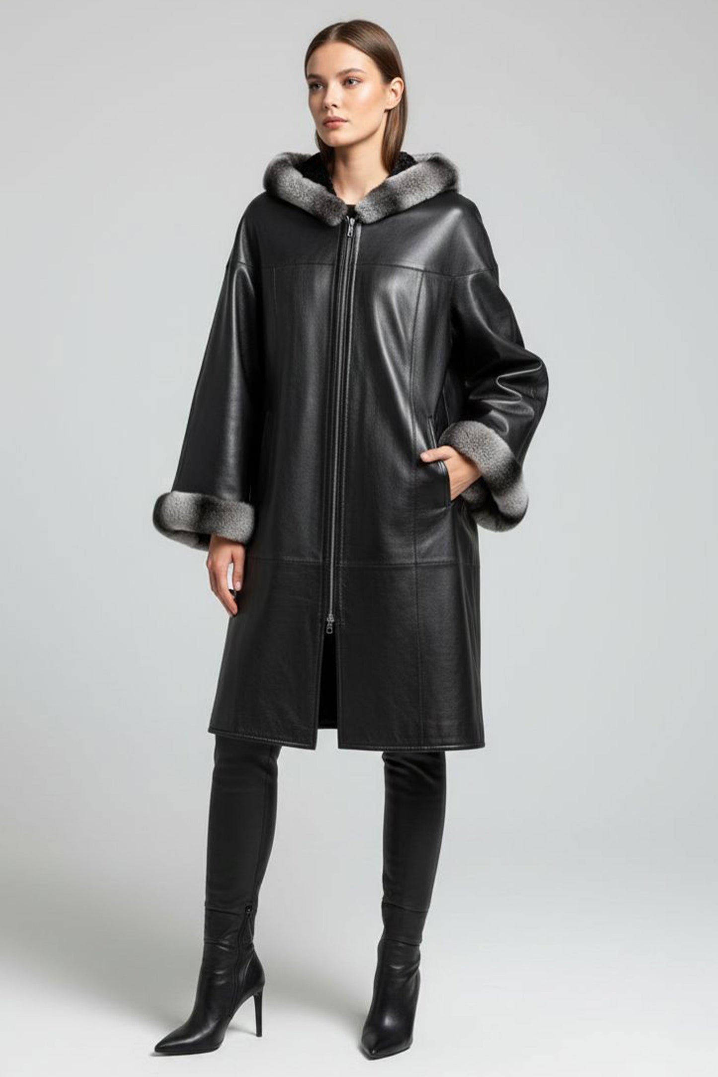 Black Wide Cut Inner Fabric Double-sided Hoodie and Sleeve brim Fur Women's Genuine Leather Coat