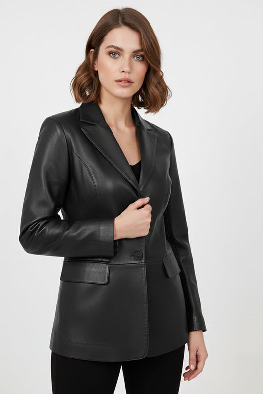 Women's Black Genuine Leather Blazer Jacket
