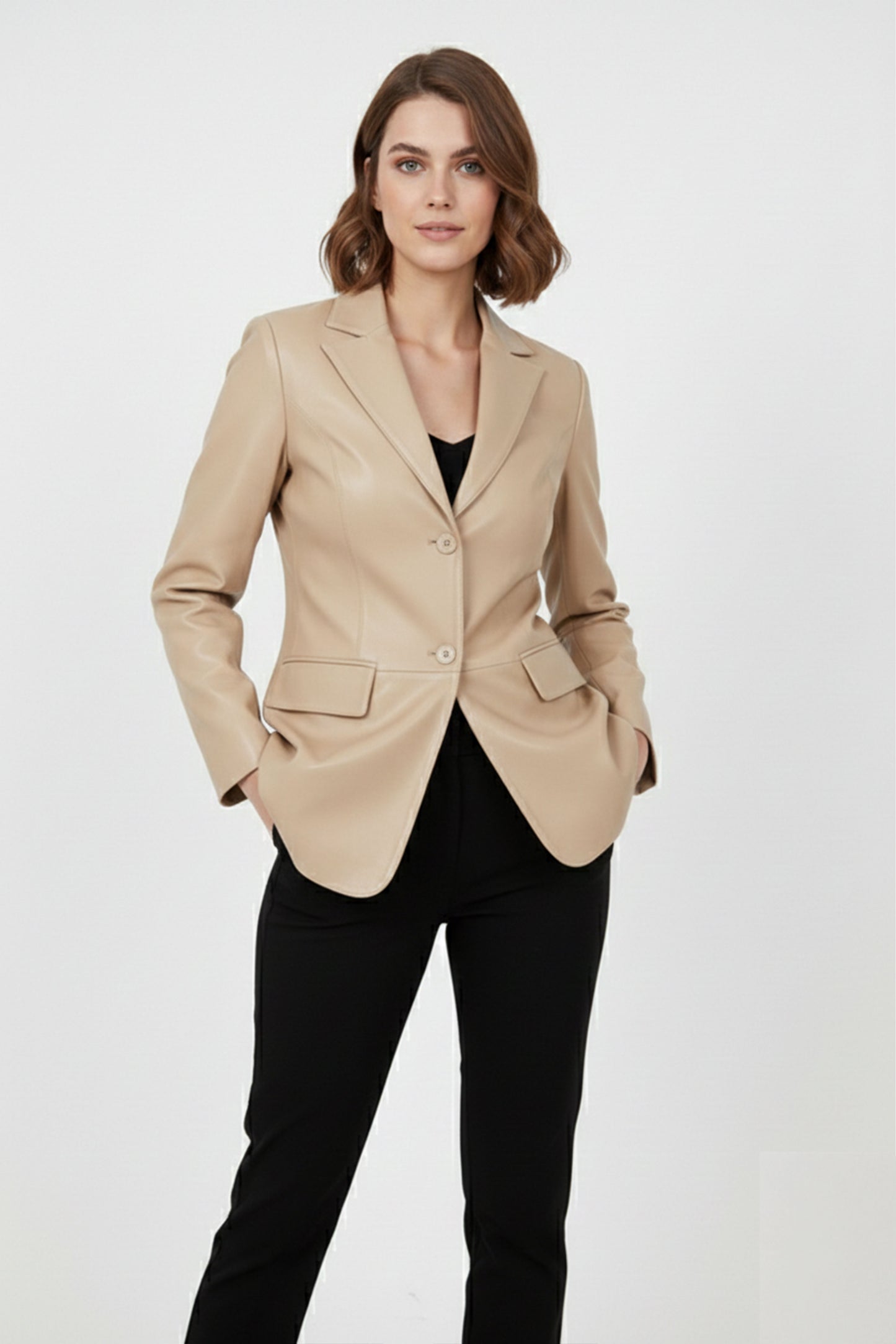 Women's Beige Genuine Leather Blazer Jacket