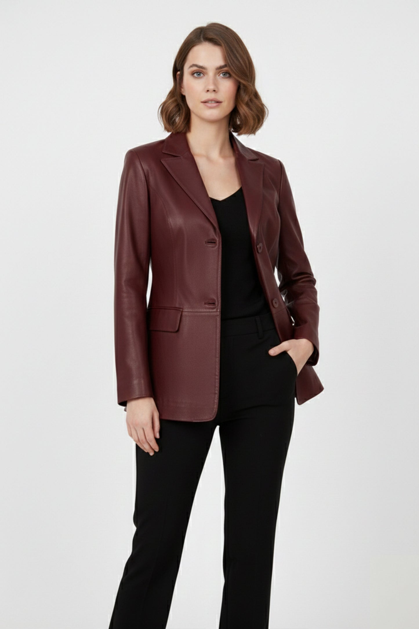 Women's Burgundy Genuine Leather Blazer Jacket