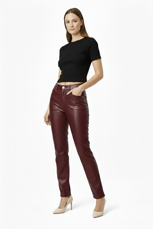 Burgundy Lora Regular Waist Straight Leg Women's Genuine Leather Trousers