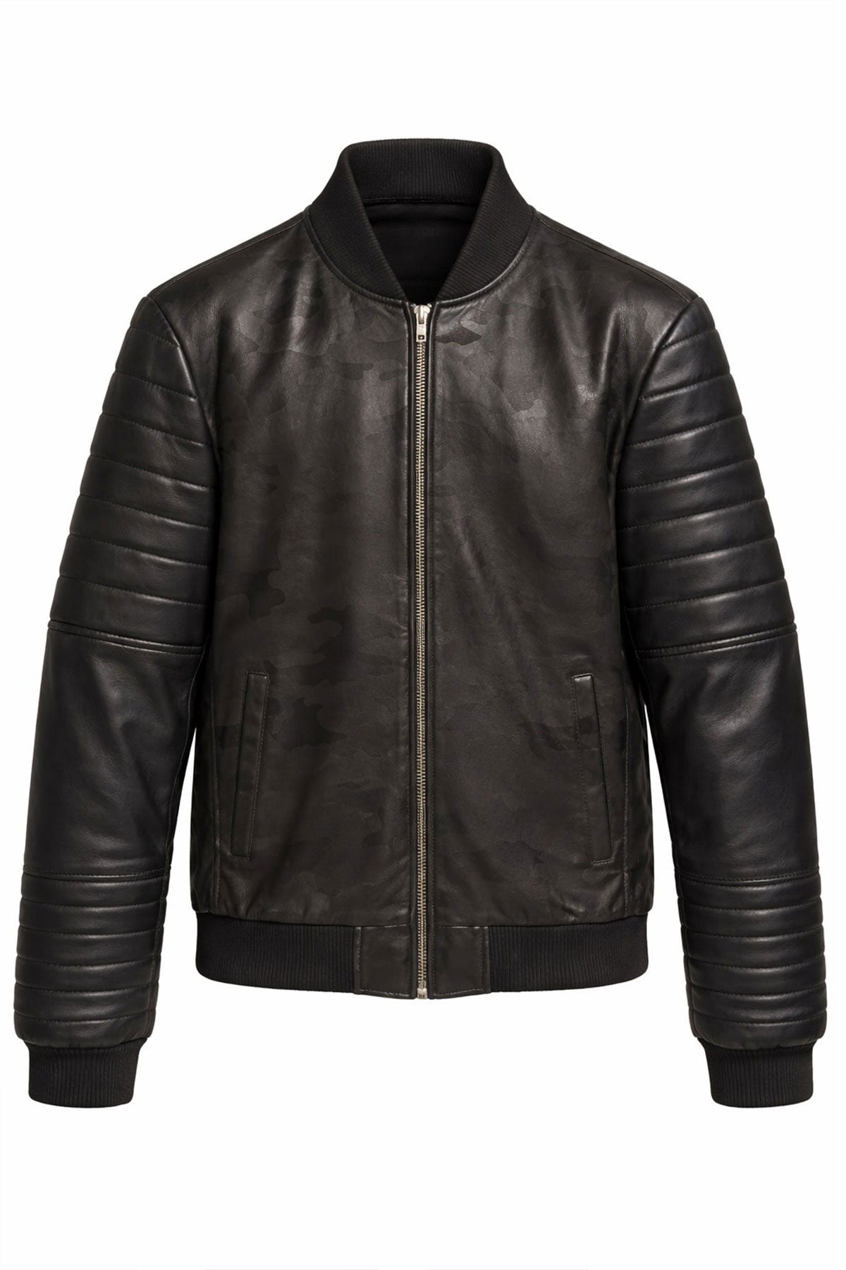 Black Camouflage Textured Genuine Leather Jacket