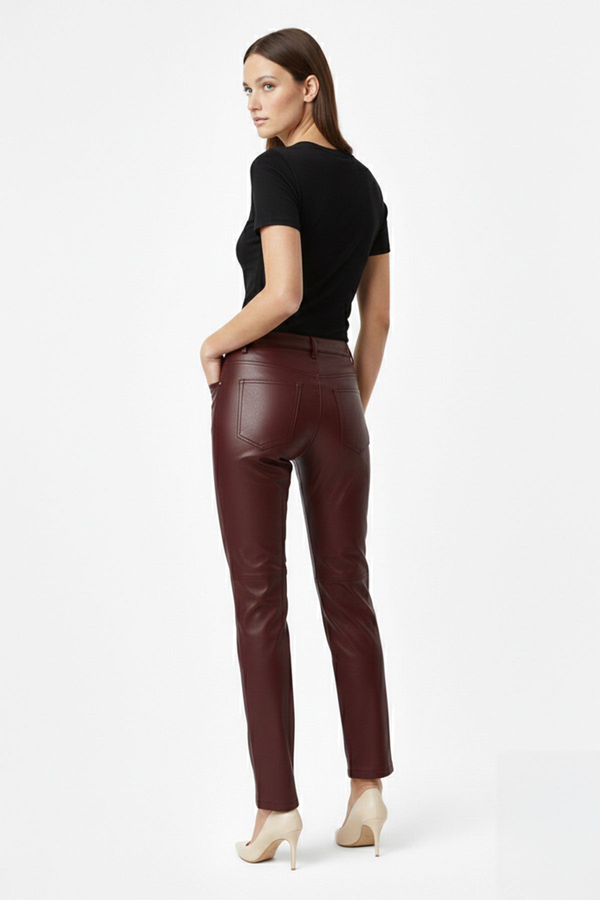 Burgundy Lora Regular Waist Straight Leg Women's Genuine Leather Trousers