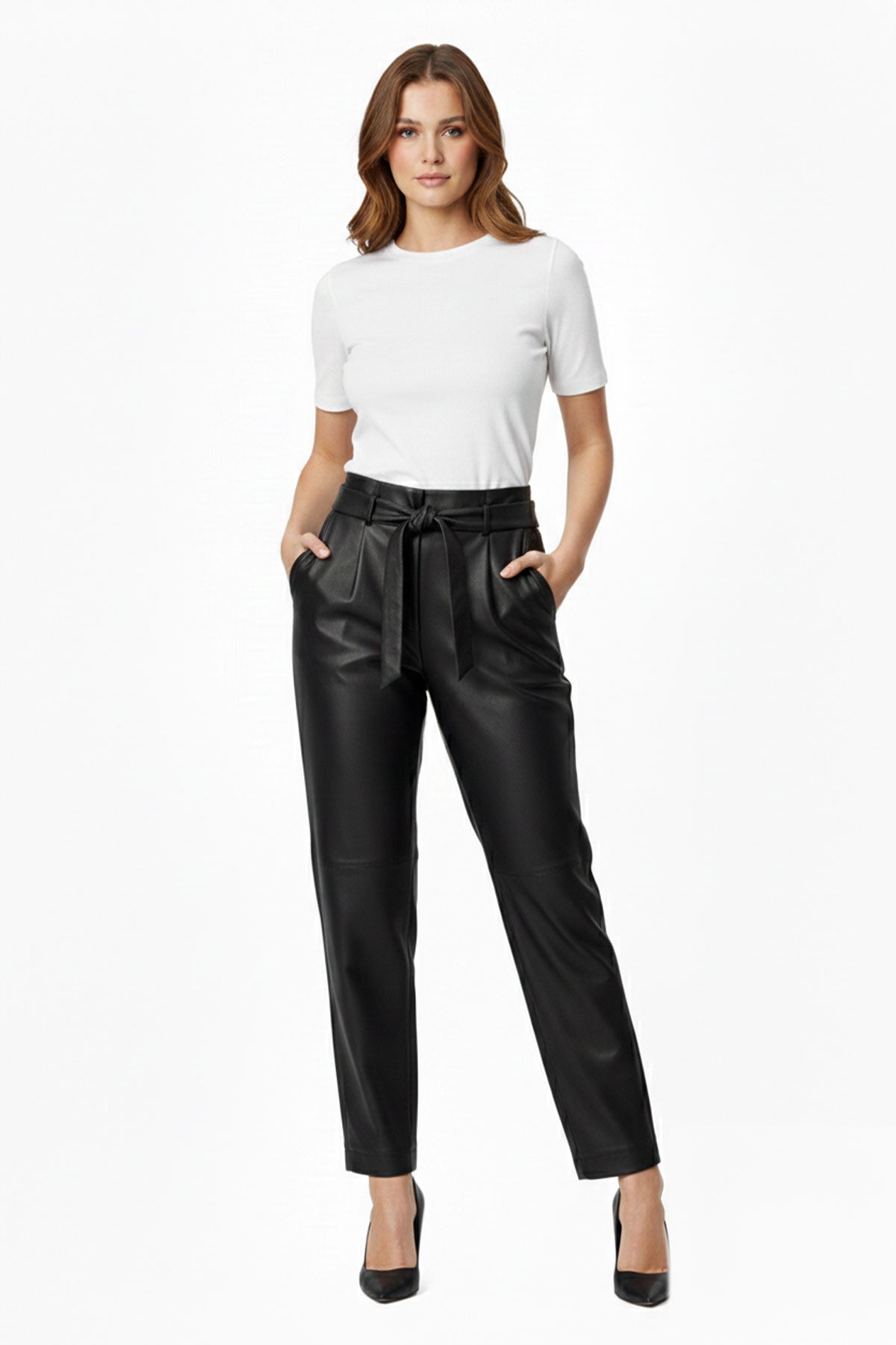 Black Women's Carrot Cut Belted Lined Genuine Leather Pants with Front Pockets