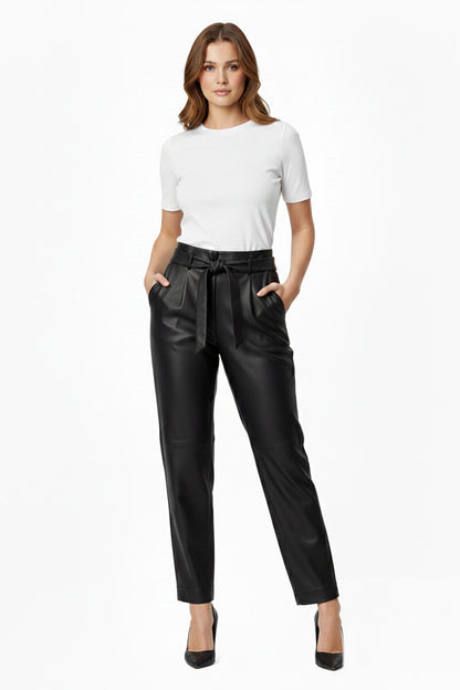 Black Women's Carrot Cut Belted Lined Genuine Leather Pants with Front Pockets