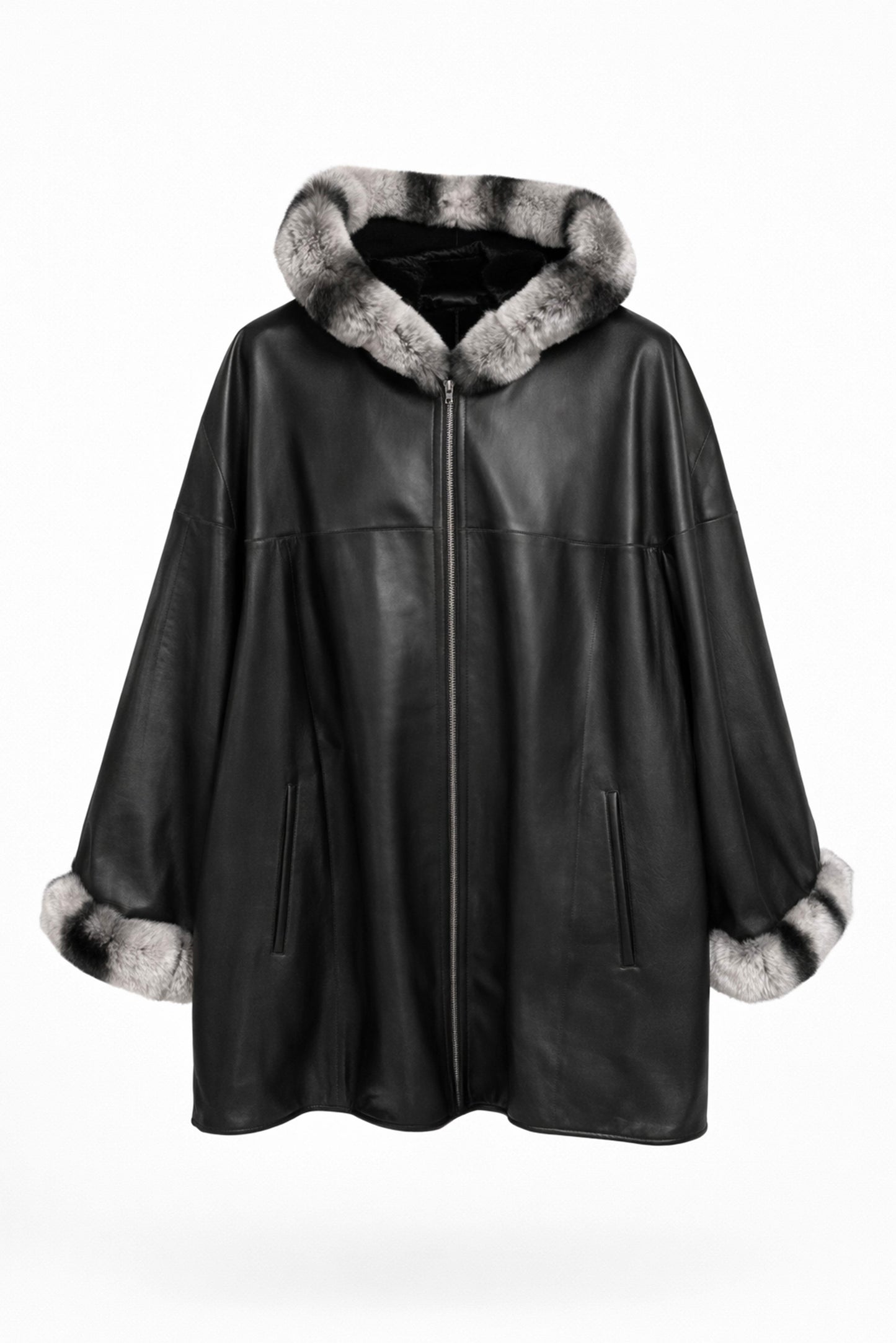 Black Wide Cut Inner Fabric Double-sided Hoodie and Sleeve brim Fur Women's Genuine Leather Coat