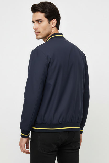 Navy Ribbed Genuine Leather Bomber Jacket