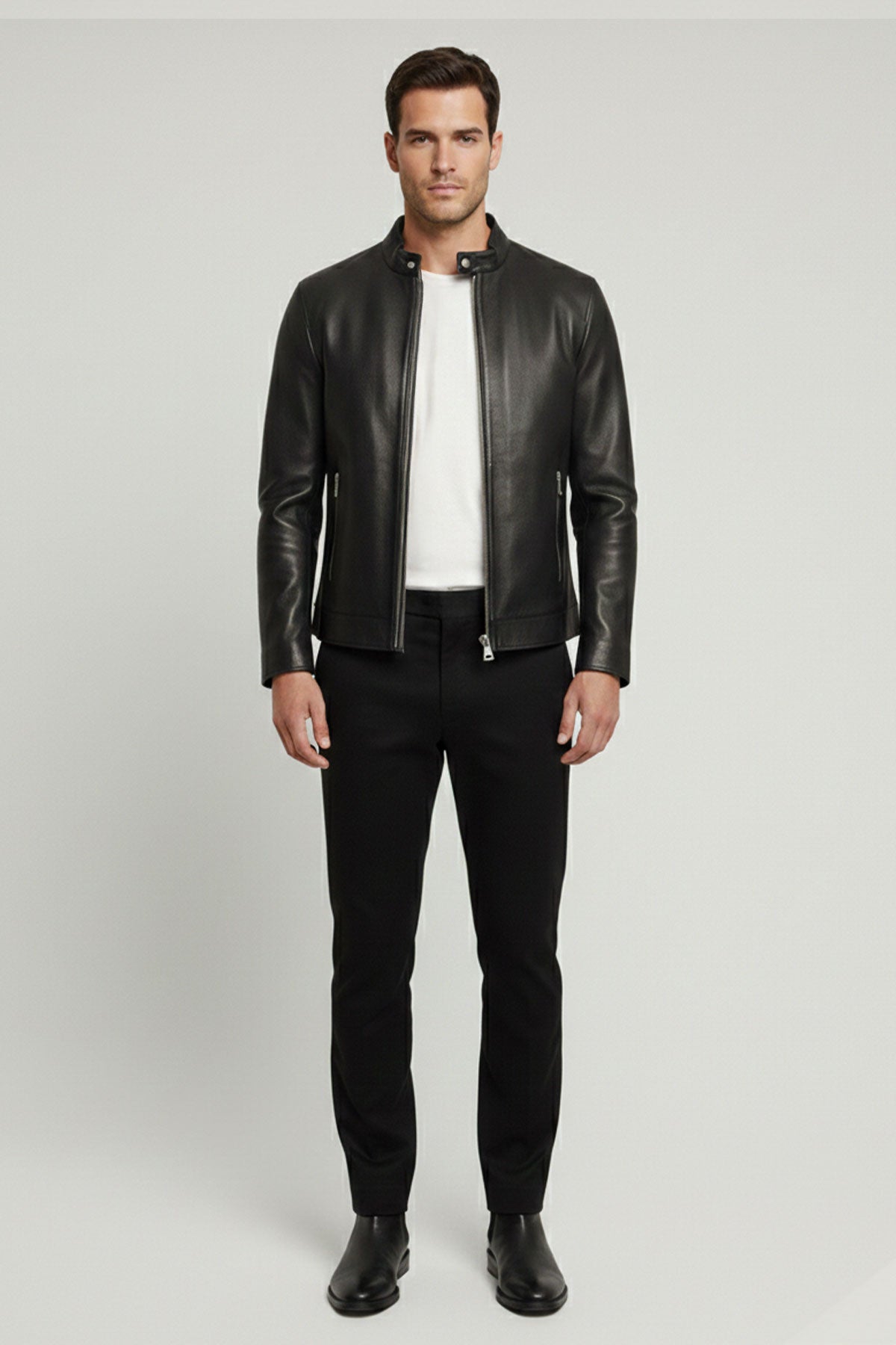 Black Stand Collar Genuine Leather Men’s Jacket