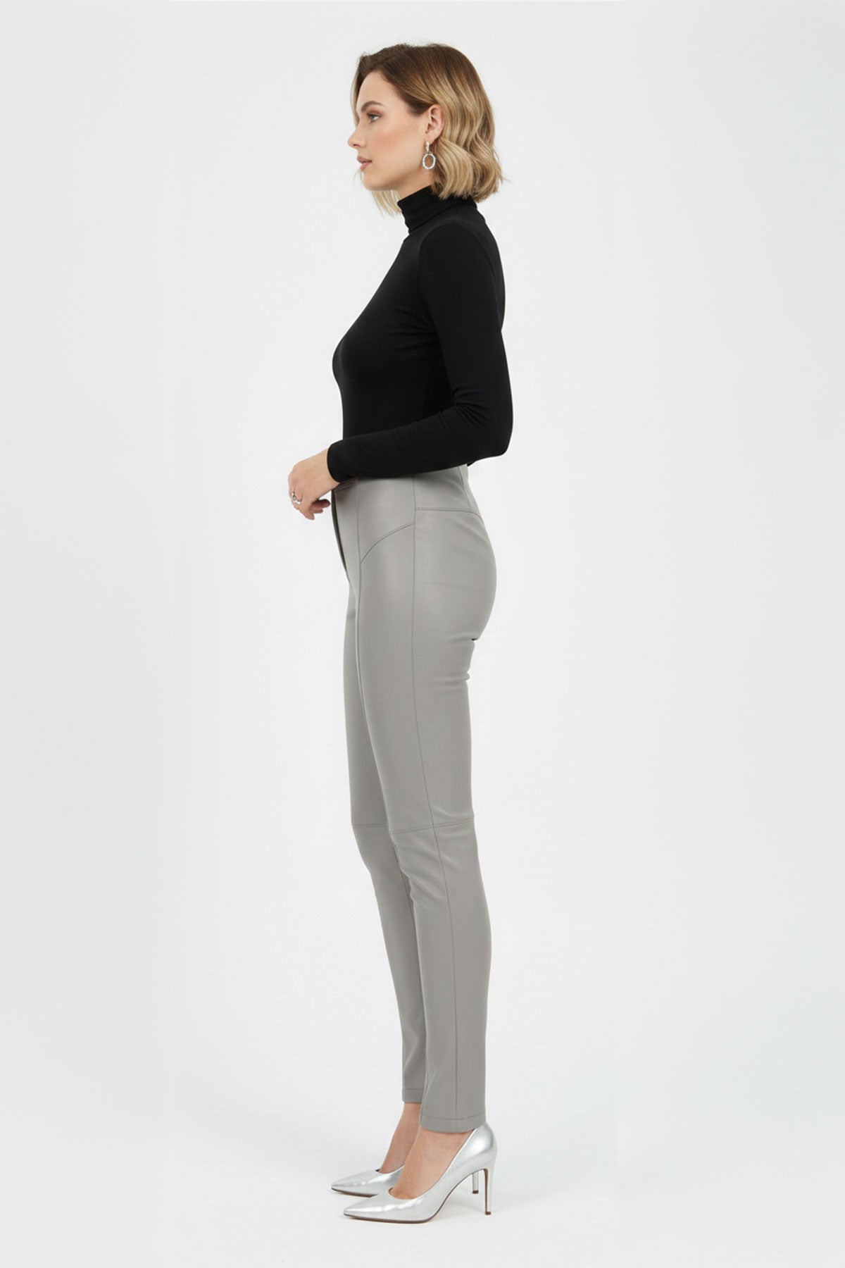 Grey Women's Leggings, Unlined, Front Zipper and Button Closure, Pocketless, Slim Fit, Genuine Stretch Leather Pants