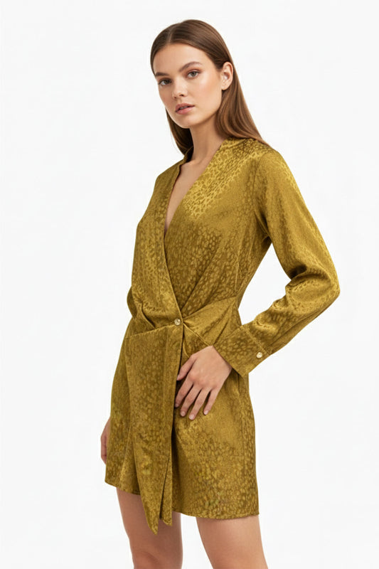 Olive Green Jacquard Wrap Mini Dress, Long Sleeves, Standard Size