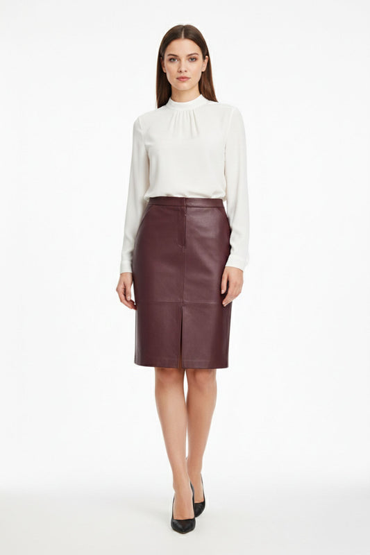 Classic Burgundy Leather Skirt with Slit