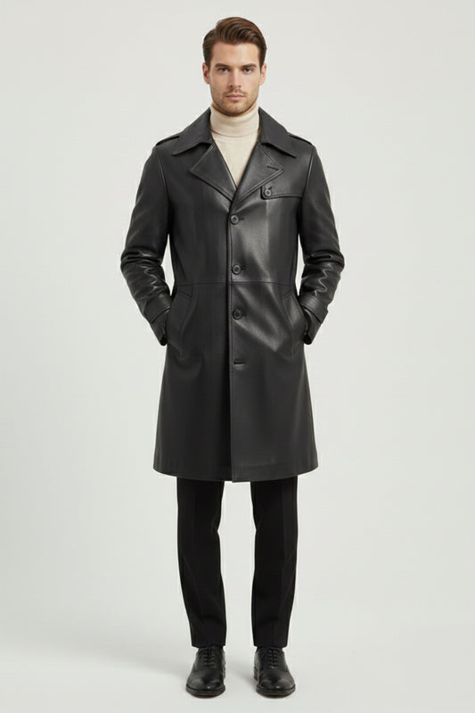 Men's Black Axel Genuine Leather Long Jacket with Lining and Slits