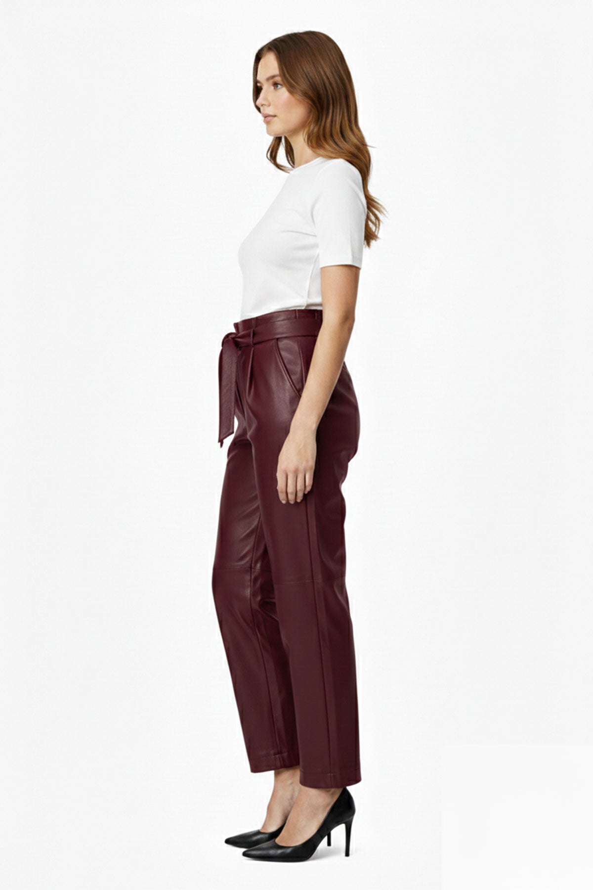 Burgundy Women's Carrot Cut Belted Lined Genuine Leather Trousers with Front Pockets