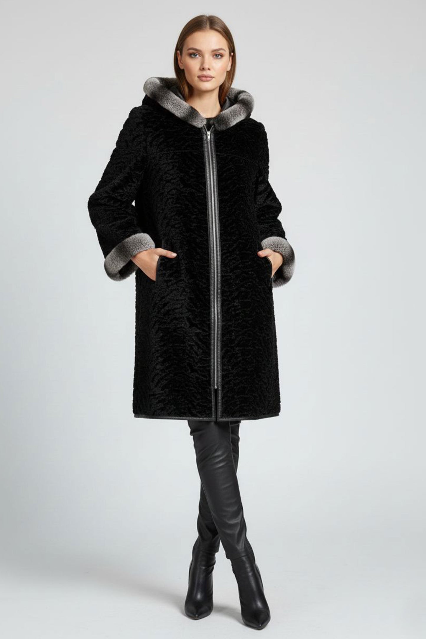 Black Wide Cut Inner Fabric Double-sided Hoodie and Sleeve brim Fur Women's Genuine Leather Coat