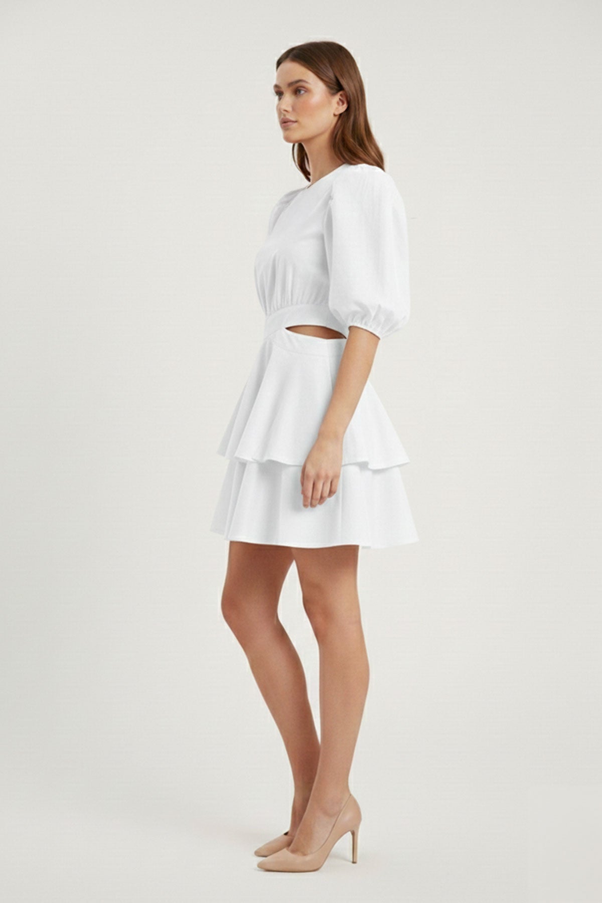 White Mini Dress Waistline and Ruffled Trim