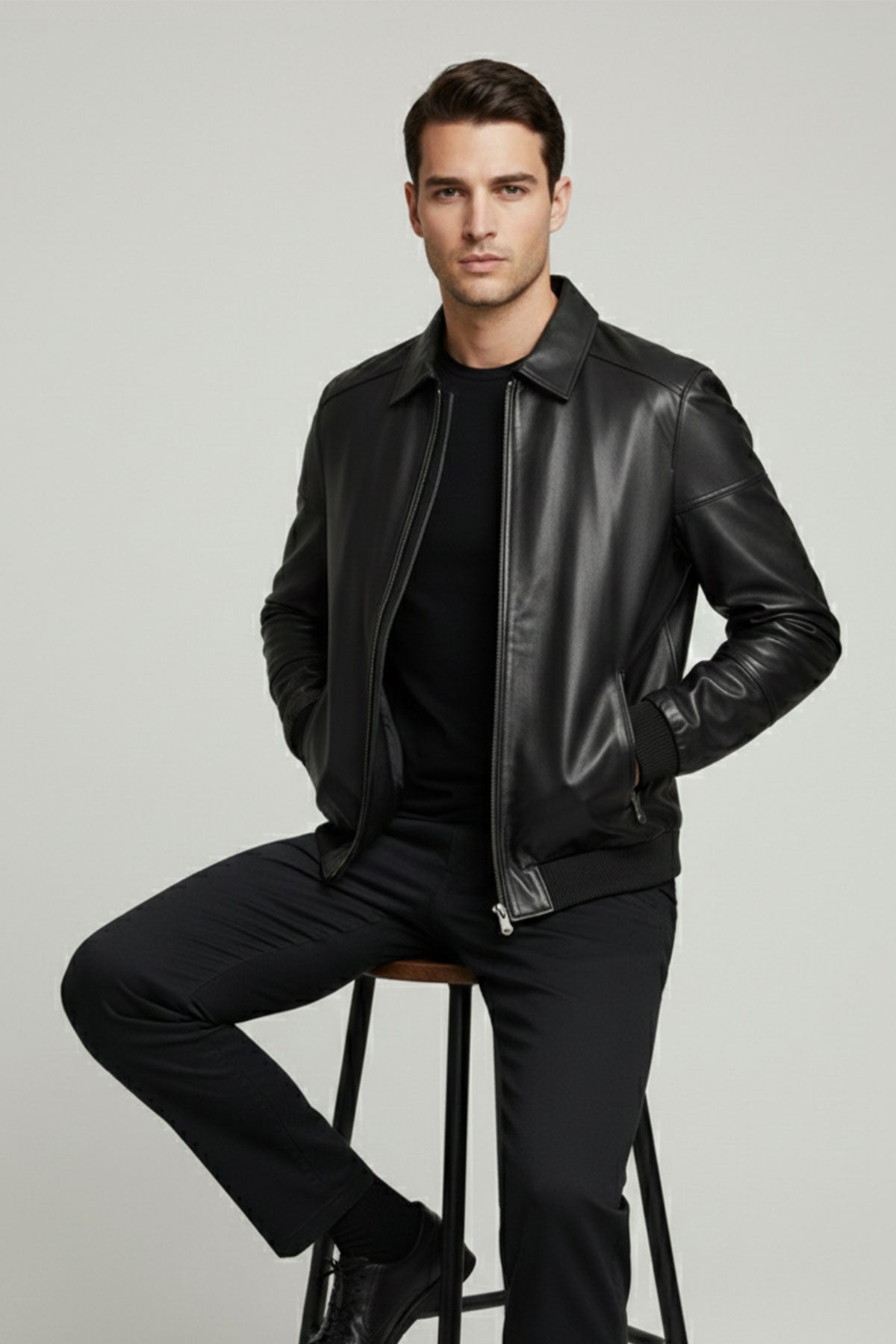 Black Classic Collar Genuine Leather Jacket