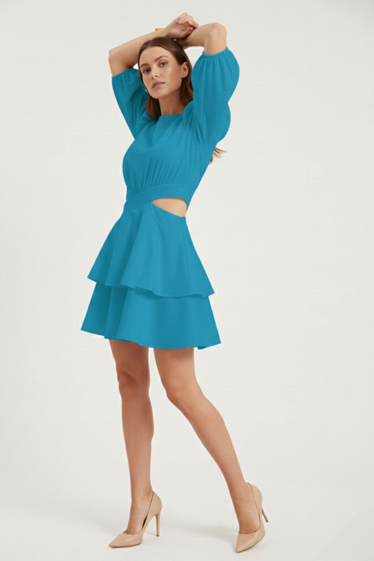 Blue Mini Dress Waistline and Ruffled Trim