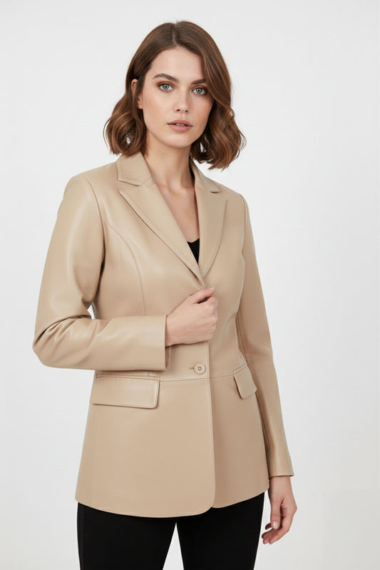 Women's Beige Genuine Leather Blazer Jacket